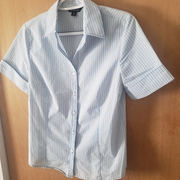 Short Sleeve Button Up Blouse Blue Stripes